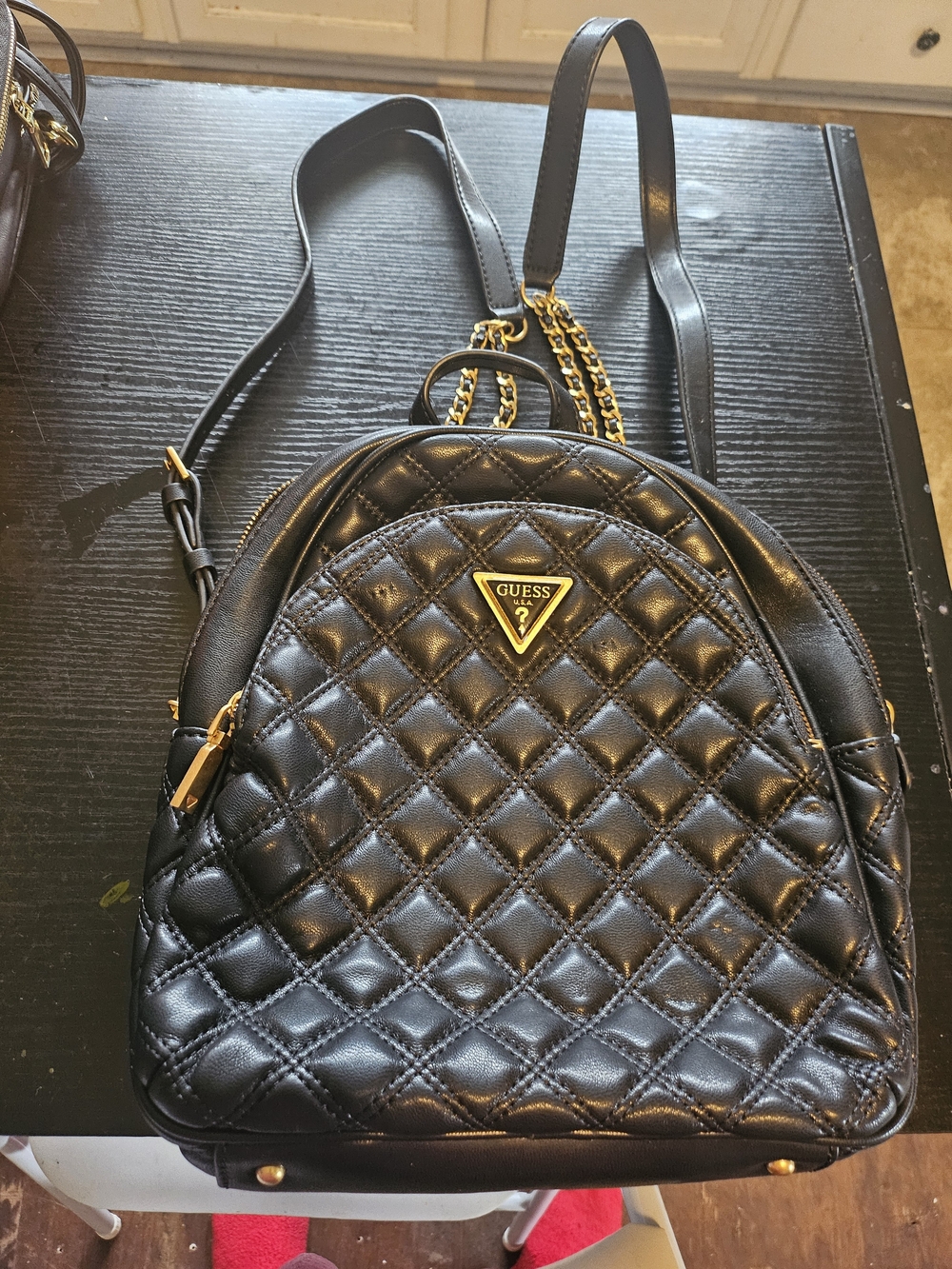 GUESS Black Quilted Mini Backpack with Gold Hardware